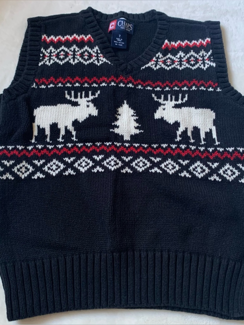 Chaps Kids Black Fair Isle Moose V-Neck Sweater Vest Size 7